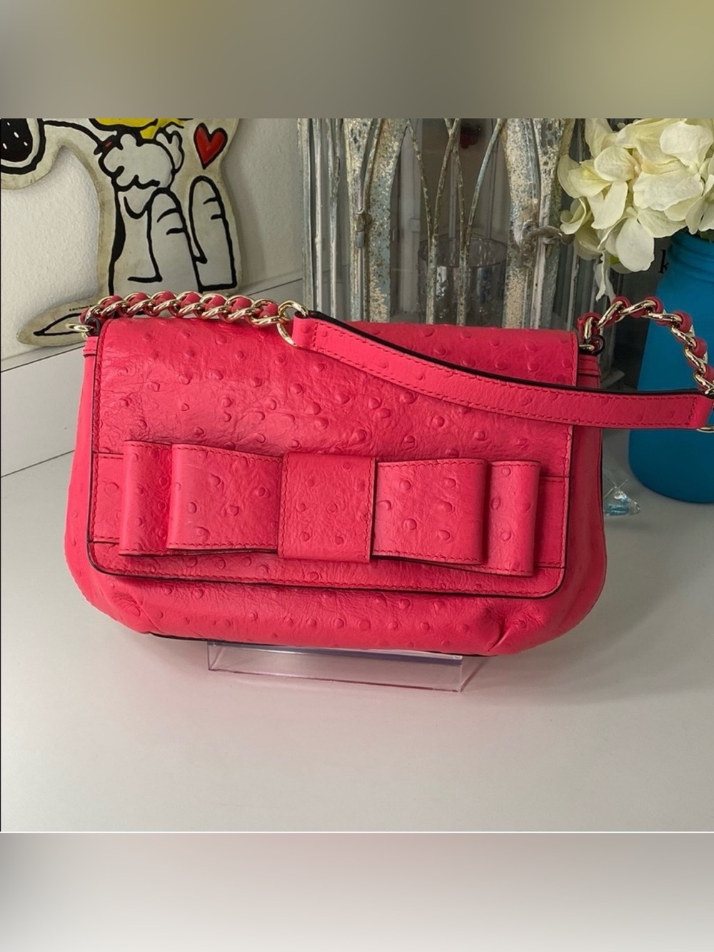EUC Kate Spade Charm City Joleen Ostrich Embossed Bow Shoulder Bag Desert Rose